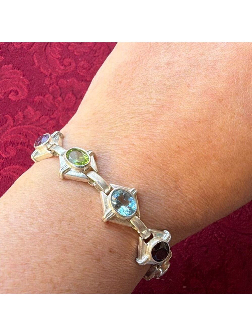 Vintage Sterling Silver Deco Geometric Bracelet Amethyst Topaz Garnet Citrine